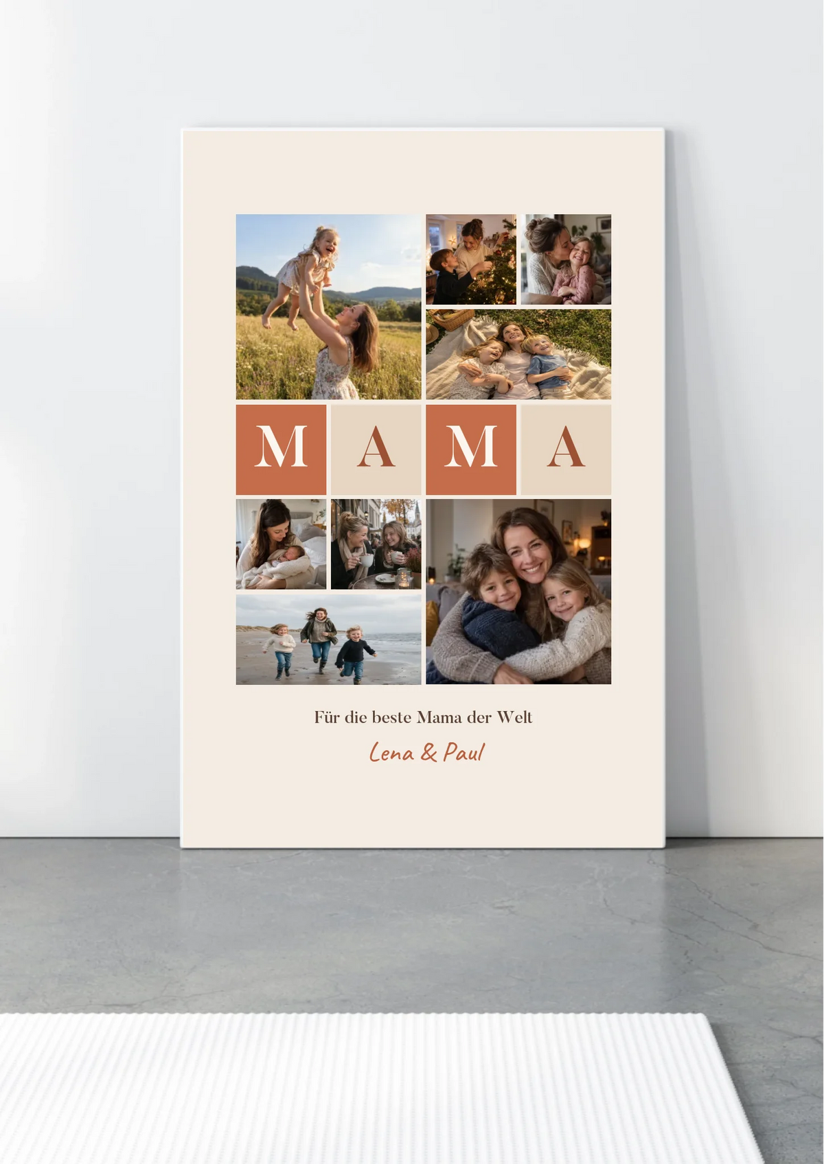 Fotocollage Leinwand Mama mit 8 Fotos, Buchstaben-Kacheln und Namen – Leinwand auf Holz-Keilrahmen