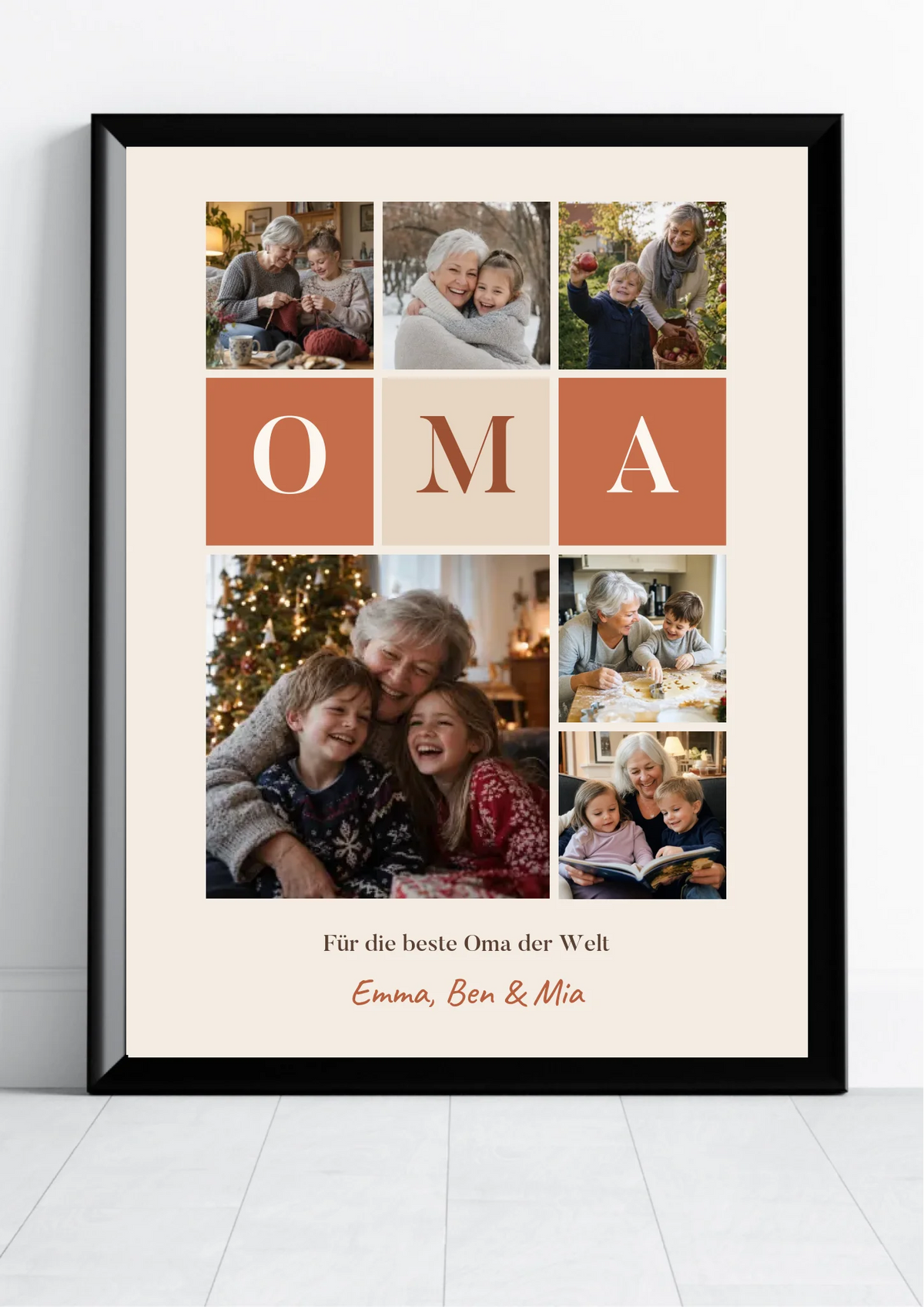 Fotocollage Poster Oma mit 6 Fotos, Buchstaben-Kacheln und Namen in der Nahansicht