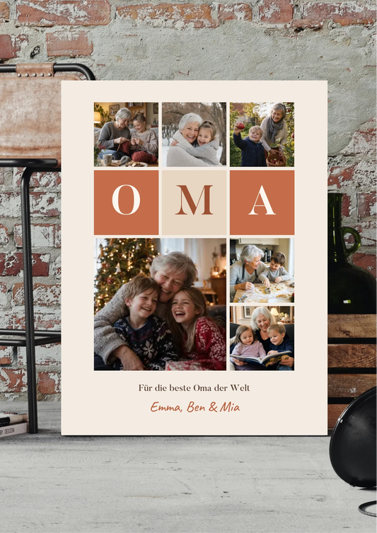 Fotocollage Leinwand Oma mit 6 Fotos, Buchstaben-Kacheln und Namen – Leinwand an der Ziegelwand