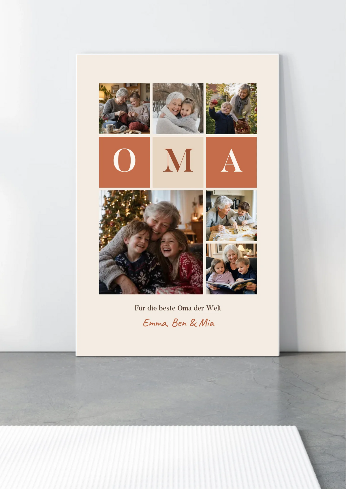 Fotocollage Leinwand Oma mit 6 Fotos, Buchstaben-Kacheln und Namen – Leinwand auf Holz-Keilrahmen