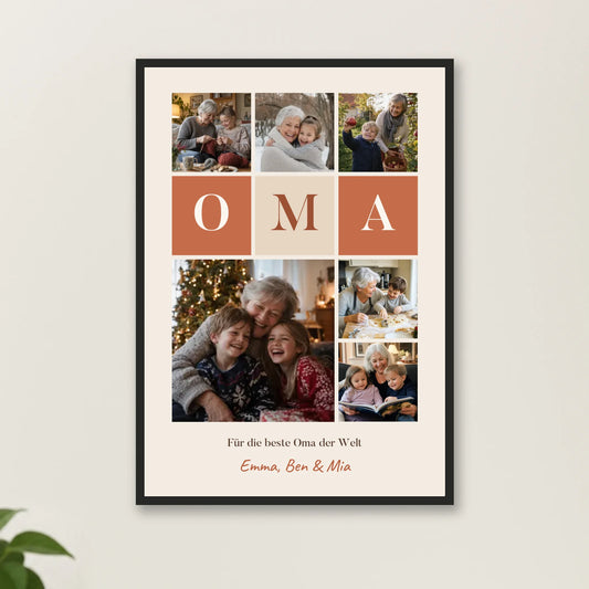 Fotocollage Poster Oma mit 6 Fotos, Buchstaben-Kacheln und Namen – Nahaufnahme im schwarzen Holzrahmen