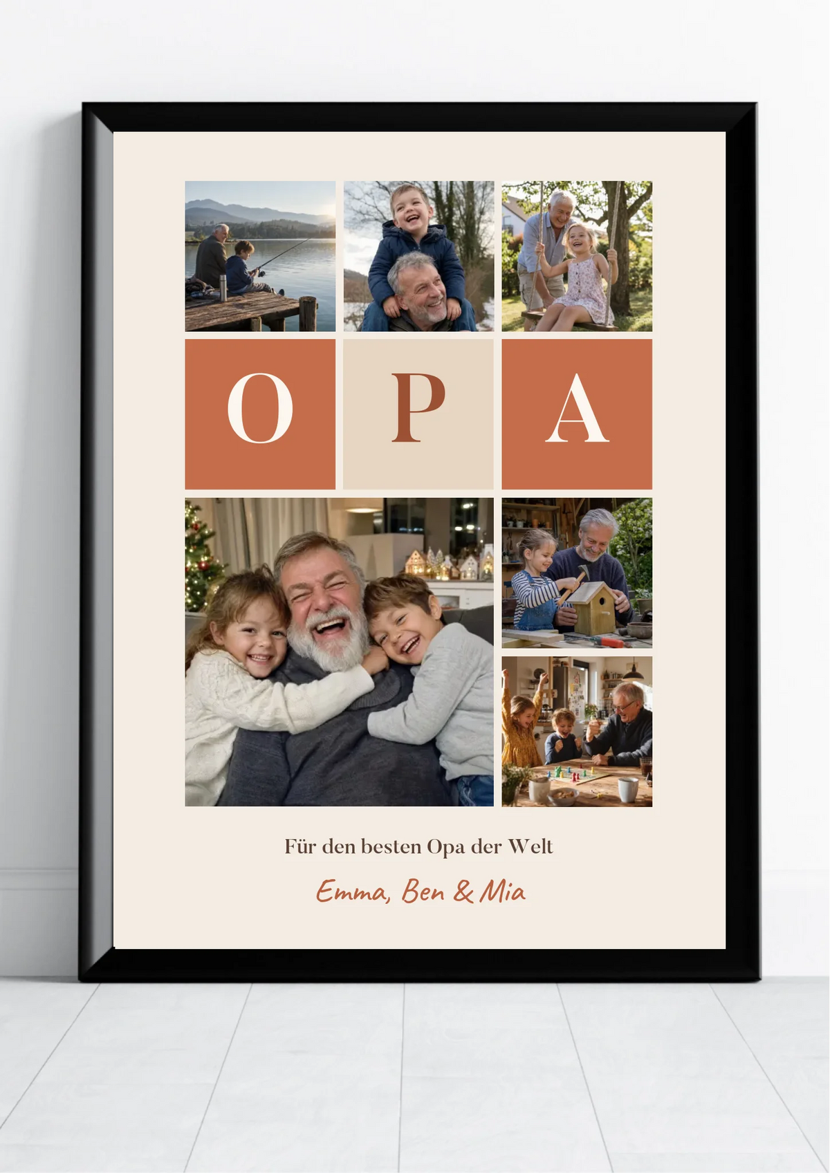 Fotocollage Poster Opa mit 6 Fotos, Buchstaben-Kacheln und Namen in der Nahansicht