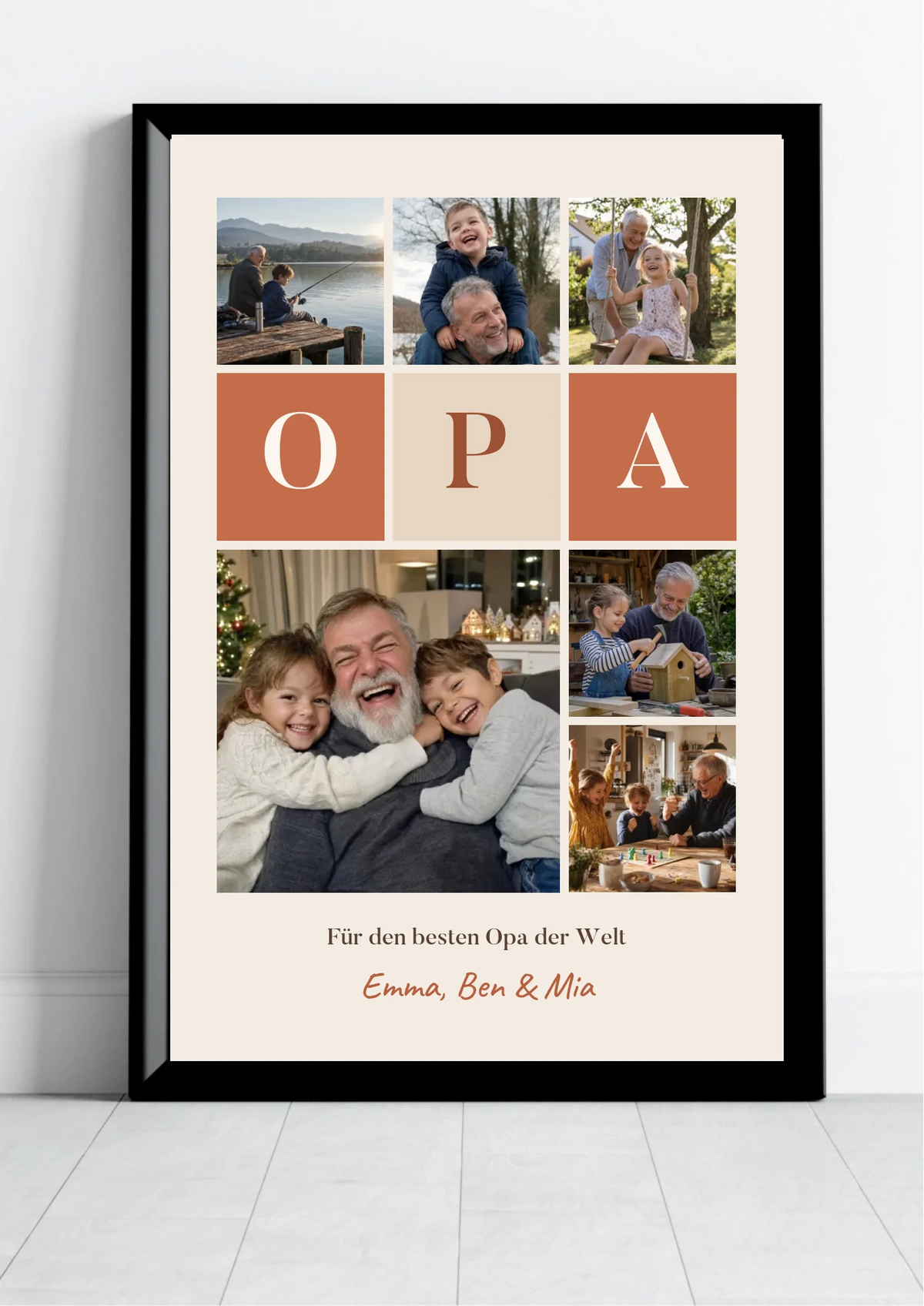 Fotocollage Poster Opa mit 6 Fotos, Buchstaben-Kacheln und Namen im schwarzen Rahmen an die Wand gelehnt