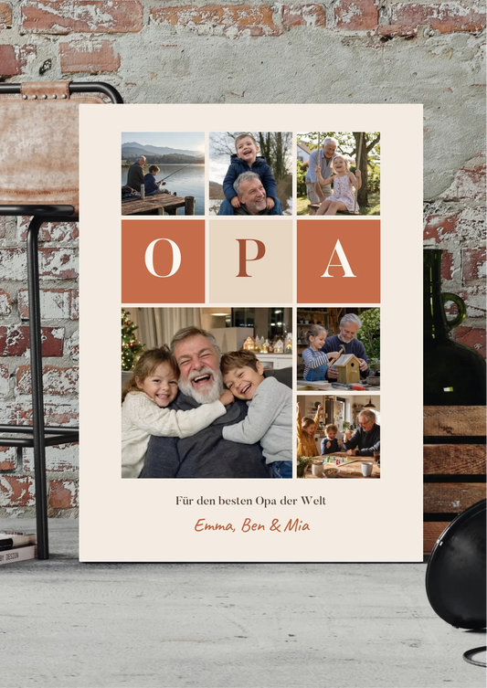 Fotocollage Leinwand Opa mit 6 Fotos, Buchstaben-Kacheln und Namen – Leinwand an der Ziegelwand