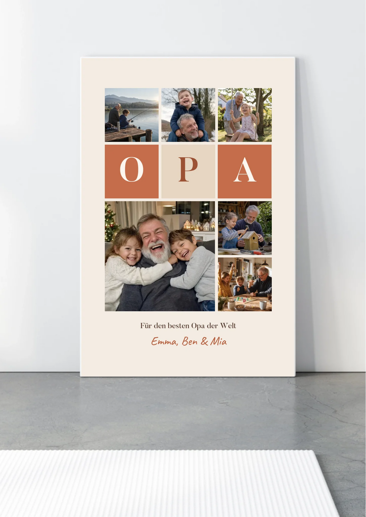 Fotocollage Leinwand Opa mit 6 Fotos, Buchstaben-Kacheln und Namen – Leinwand auf Holz-Keilrahmen