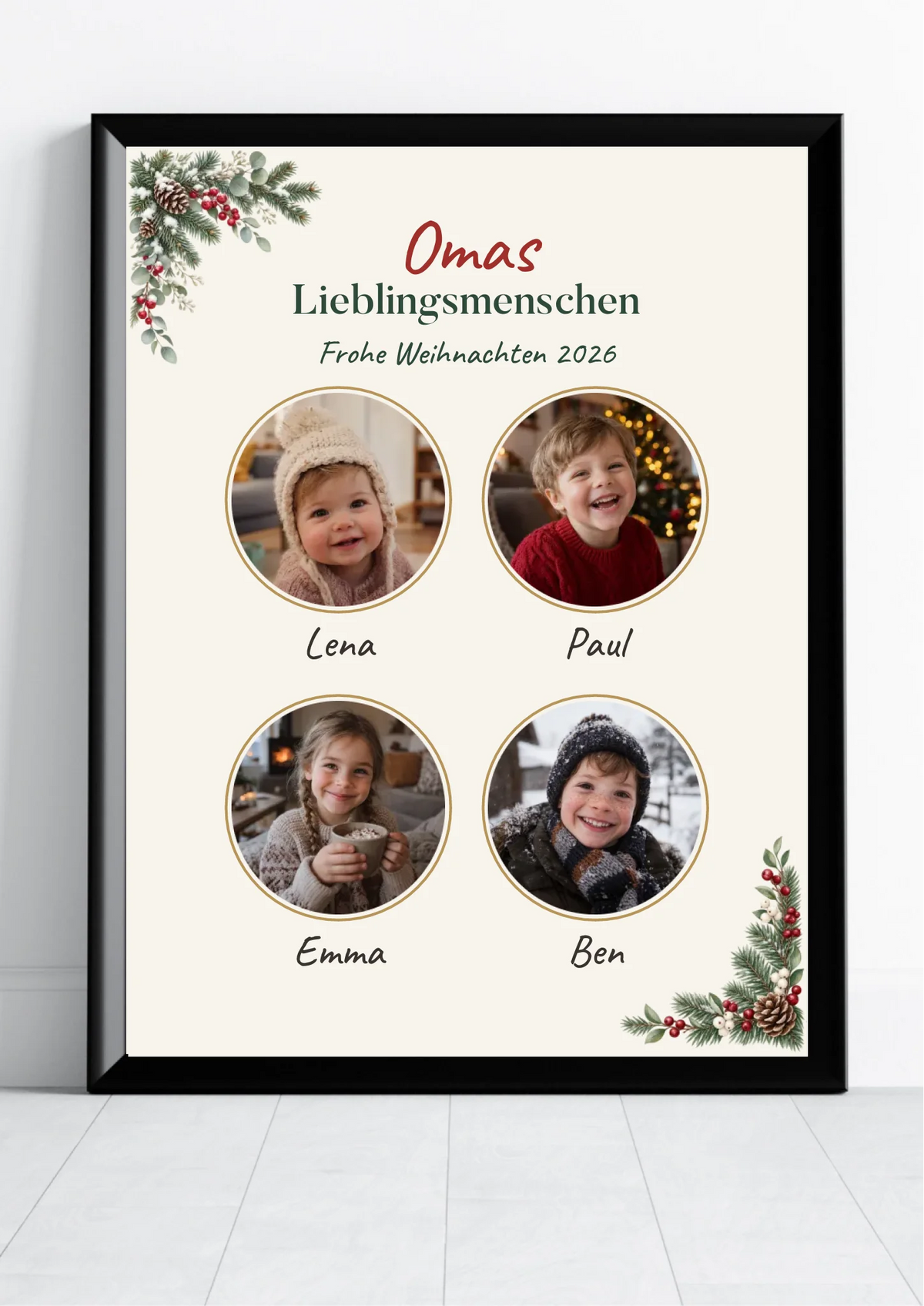 Lieblingsmenschen Poster für Oma mit Enkel-Fotos und Namen im Winterdesign in der Nahansicht