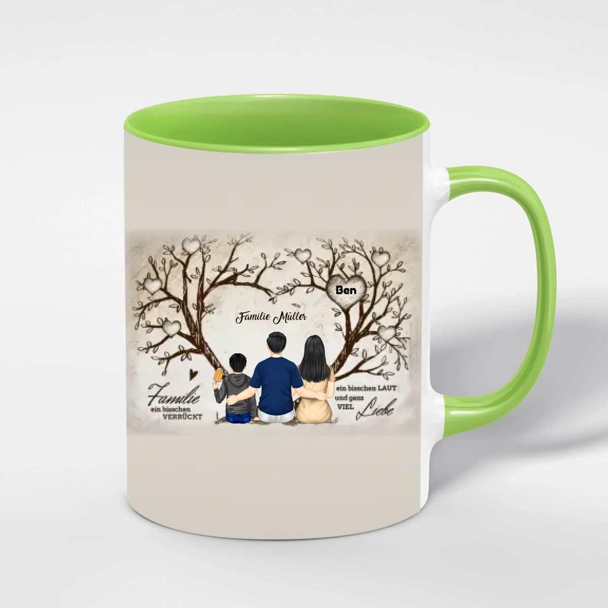 Familien Tasse Herzbaum personalisiert – Innenfarbe Grün