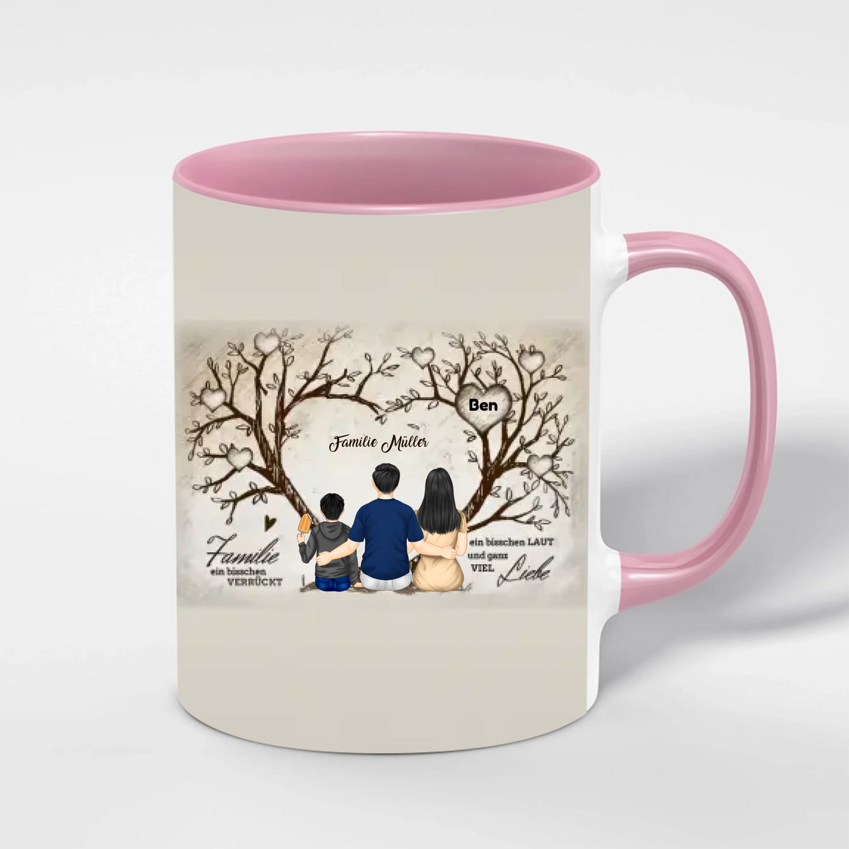 Familien Tasse Herzbaum personalisiert – Innenfarbe Rosa