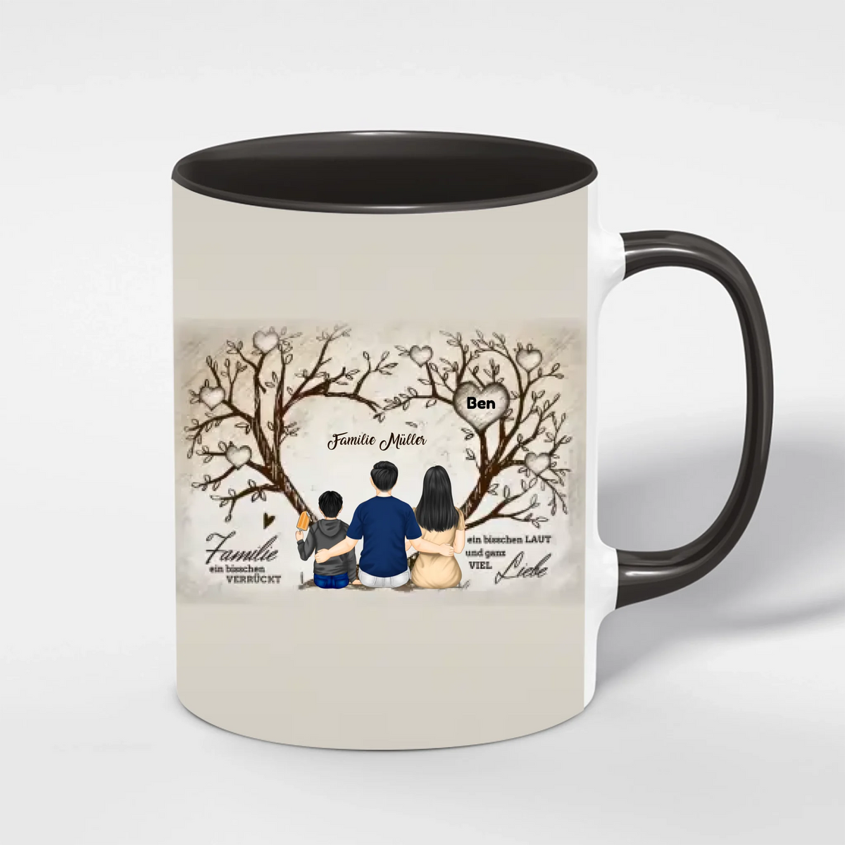 Familien Tasse Herzbaum personalisiert – Innenfarbe Schwarz