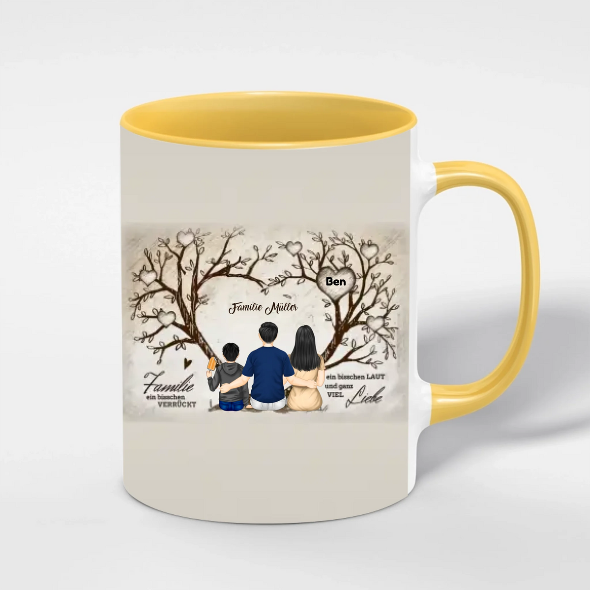 Familien Tasse Herzbaum personalisiert – Innenfarbe Gelb