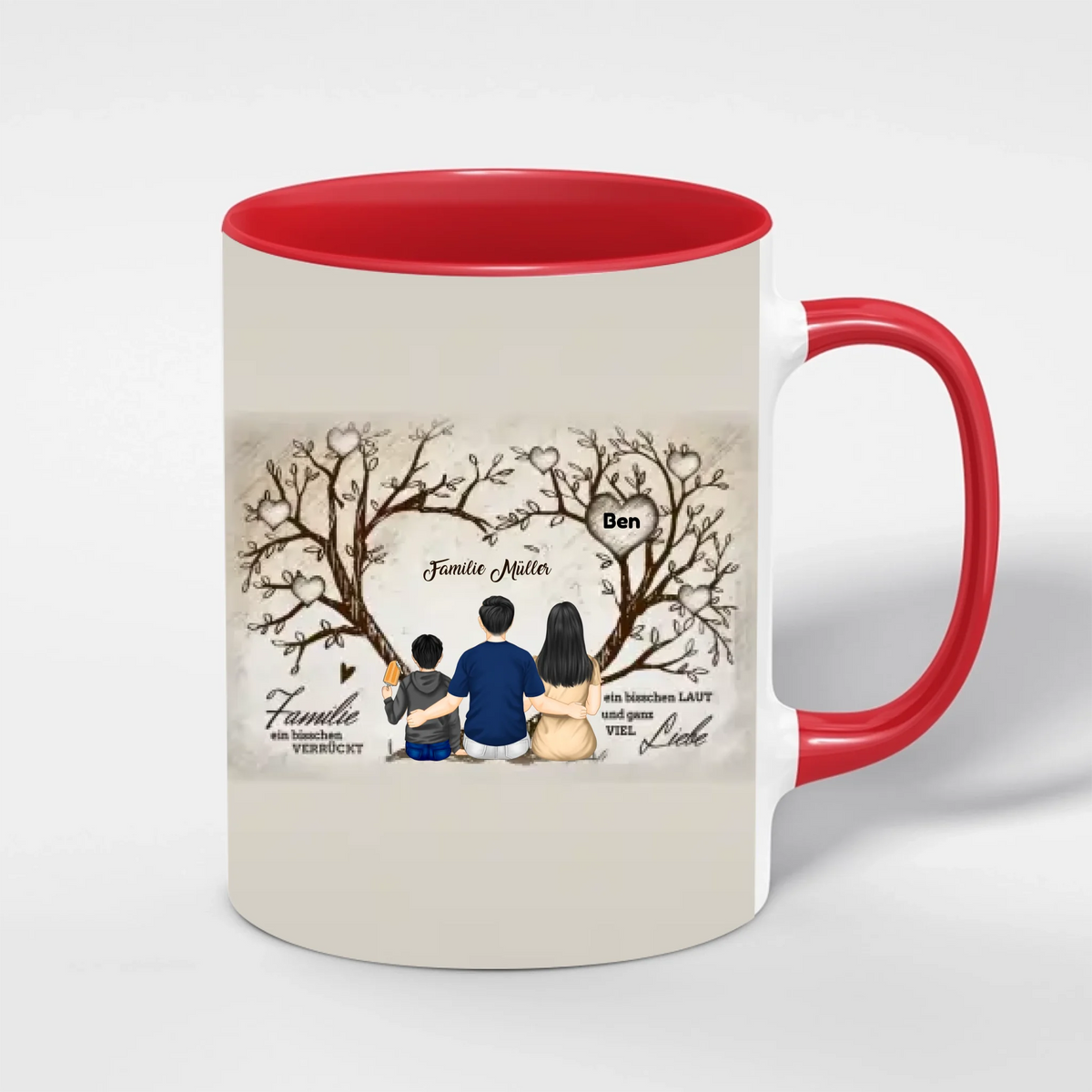 Familien Tasse Herzbaum personalisiert – Innenfarbe Rot