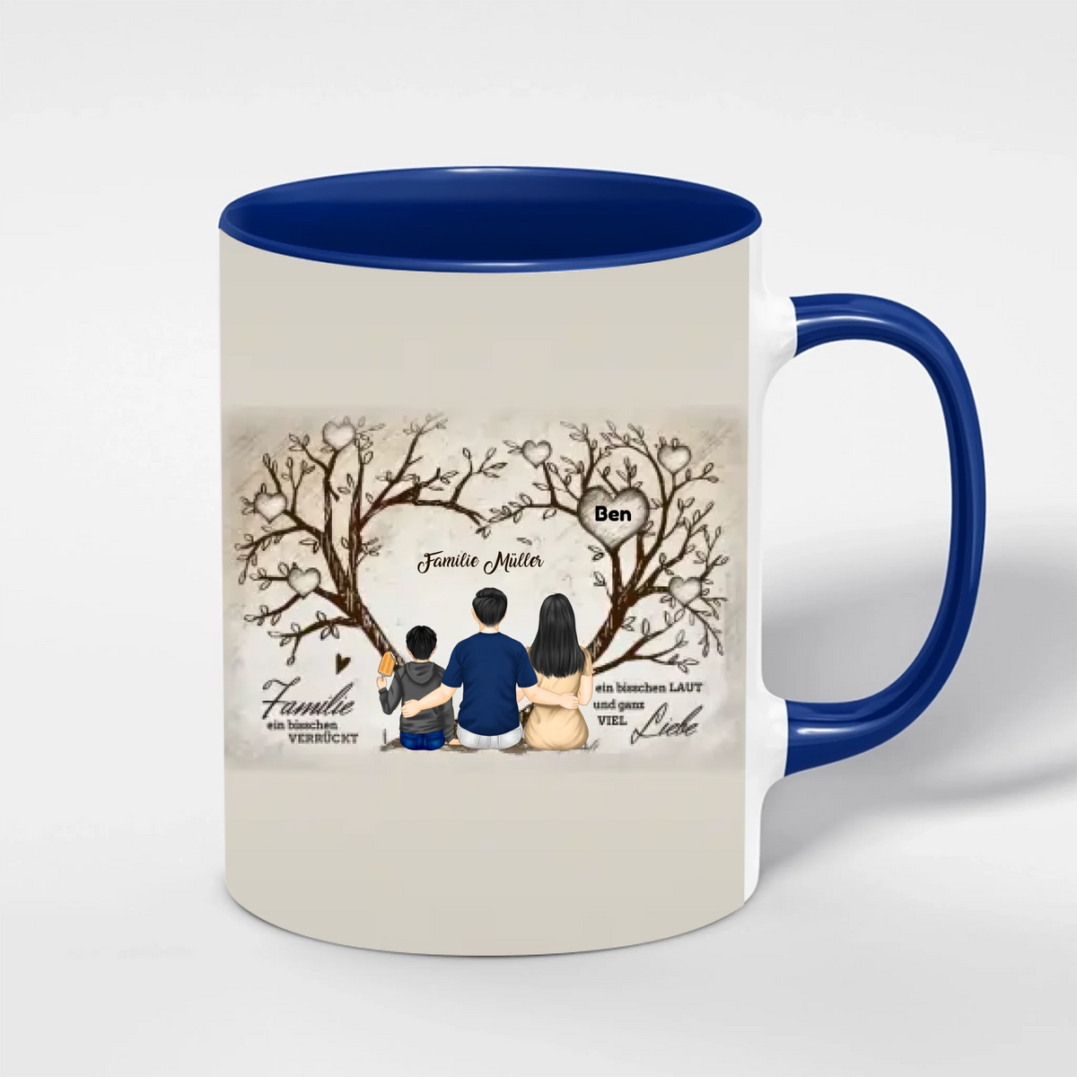 Familien Tasse Herzbaum personalisiert – Innenfarbe Blau