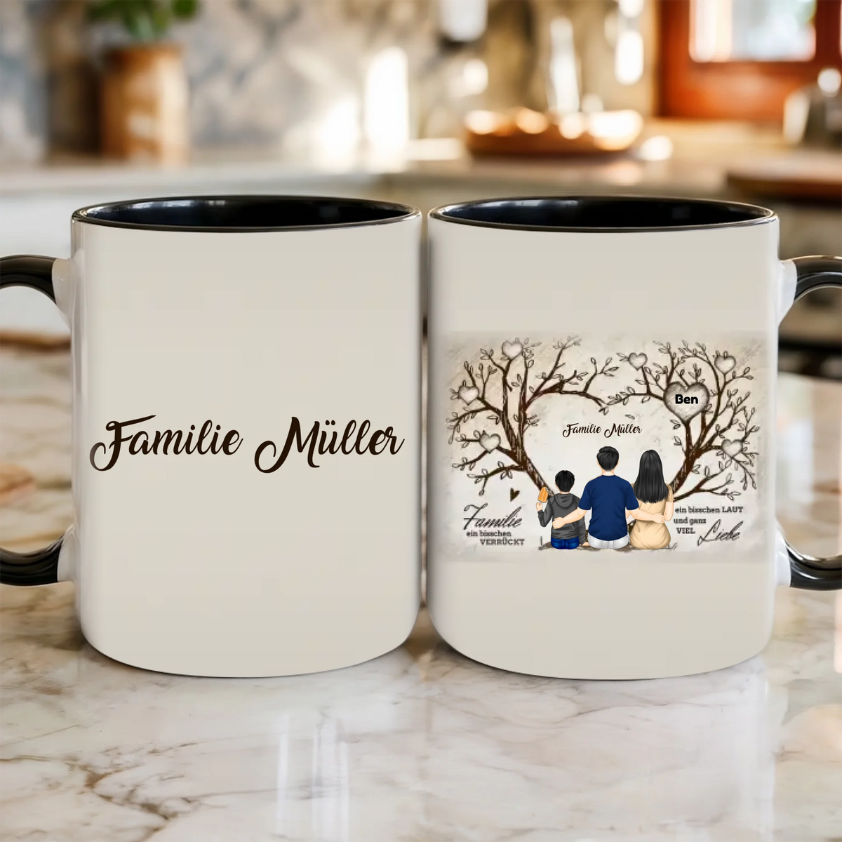 Personalisierte Familien Tasse mit Herzbaum, Familie als Figuren und Familienname