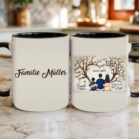 Personalisierte Familien Tasse mit Herzbaum, Familie als Figuren und Familienname