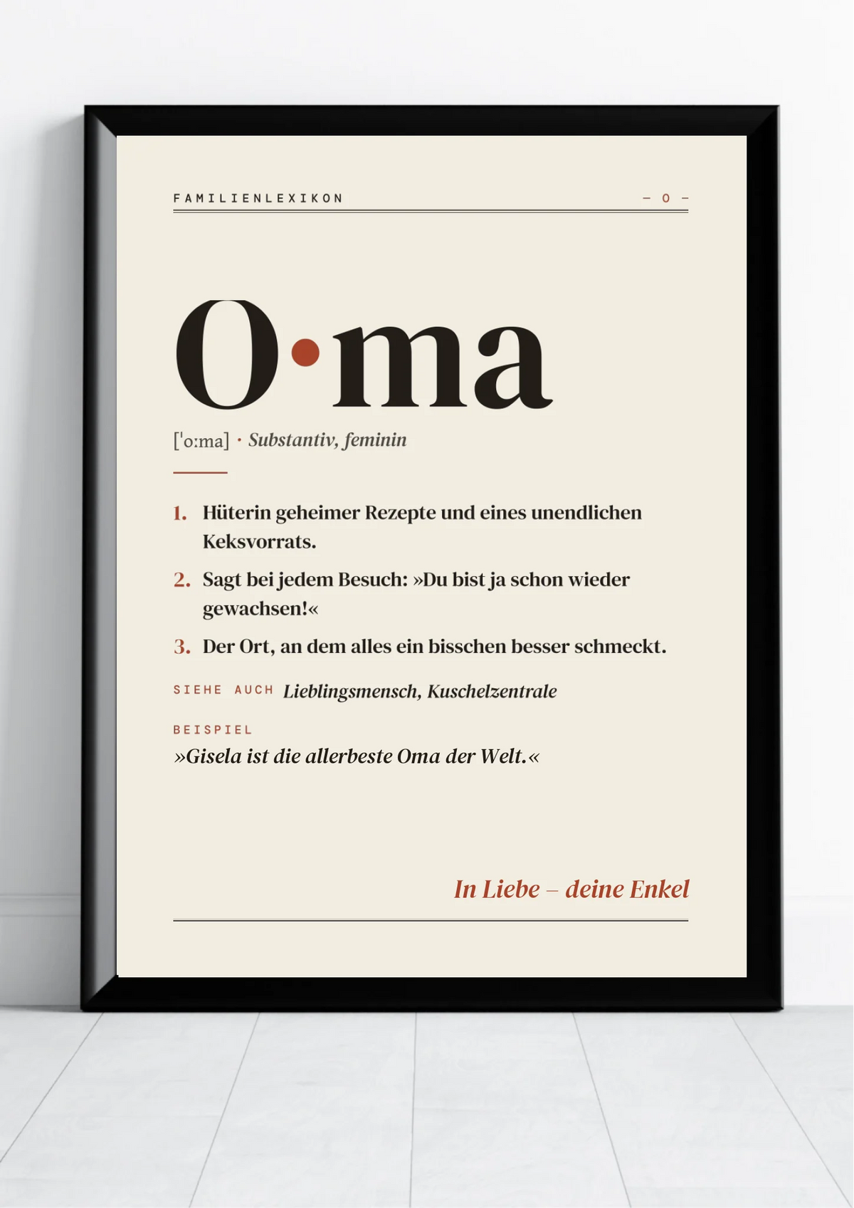 Oma Definition Poster im Hochformat – Familienlexikon mit Namen und Widmung