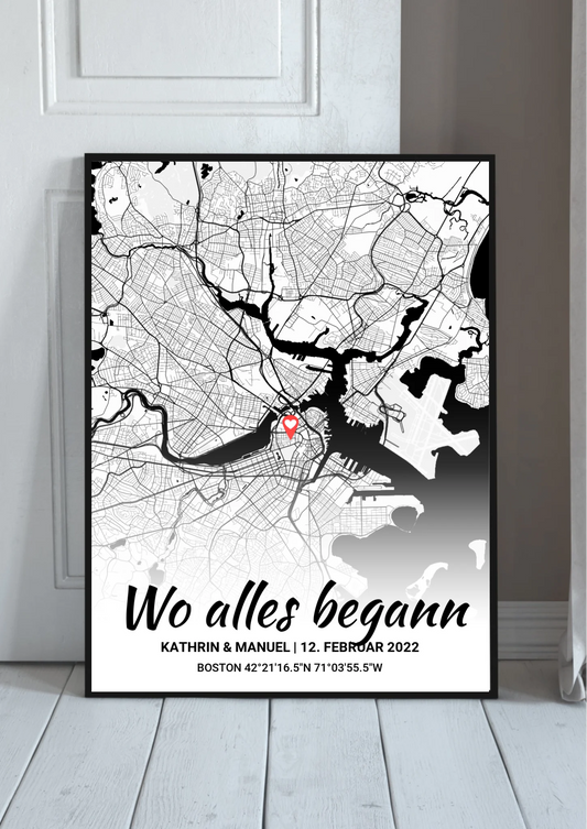 Wo alles begann Poster personalisiert – Stadtkarte mit Farbverlauf und Herz-Markierung, im schwarzen Rahmen angelehnt