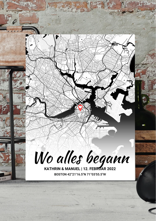 Wo alles begann Leinwand personalisiert – Stadtkarte mit Farbverlauf und Herz-Markierung, vor Backsteinwand