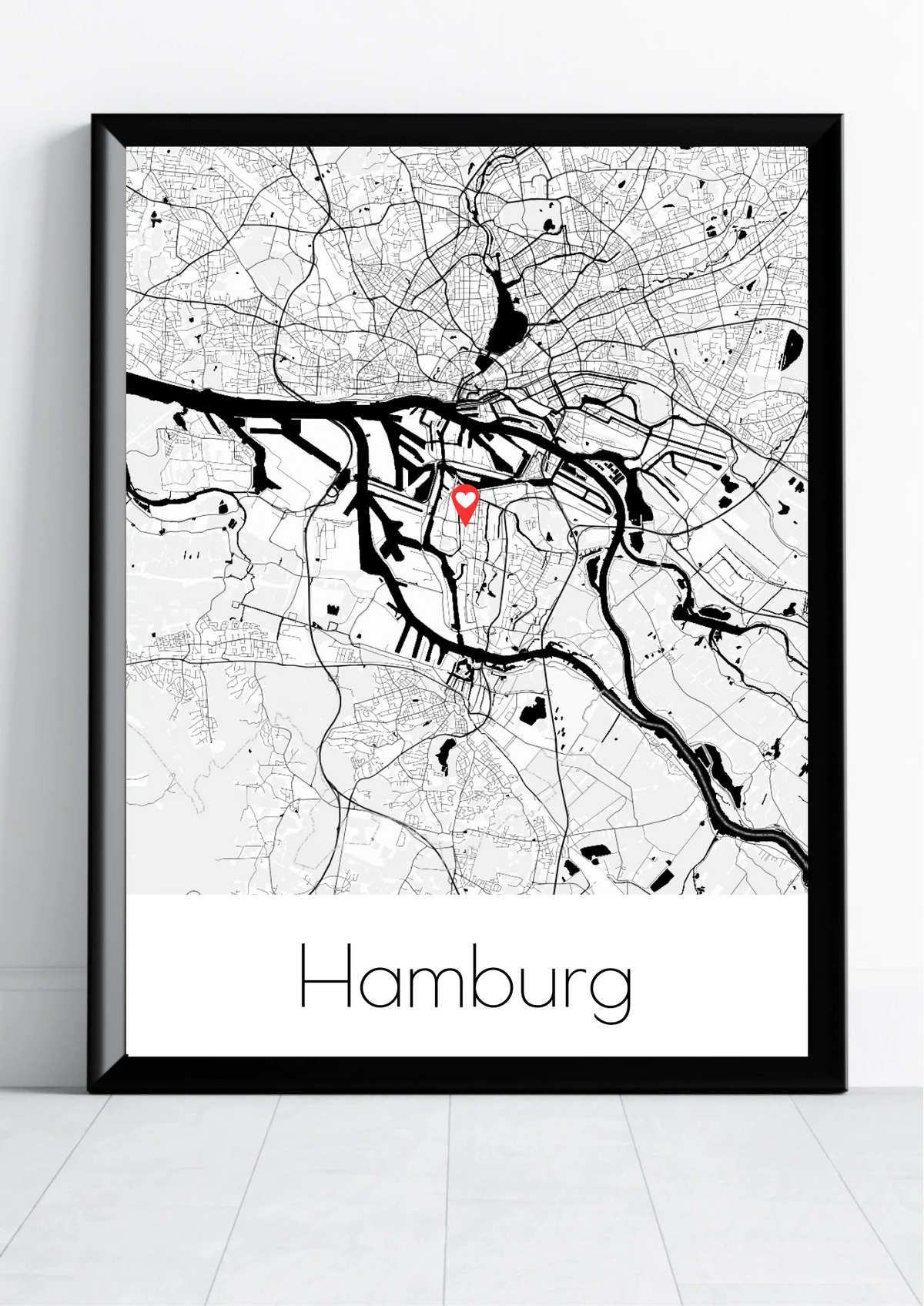 Stadtkarten Poster mit Stadtname – Frontansicht im schwarzen Rahmen