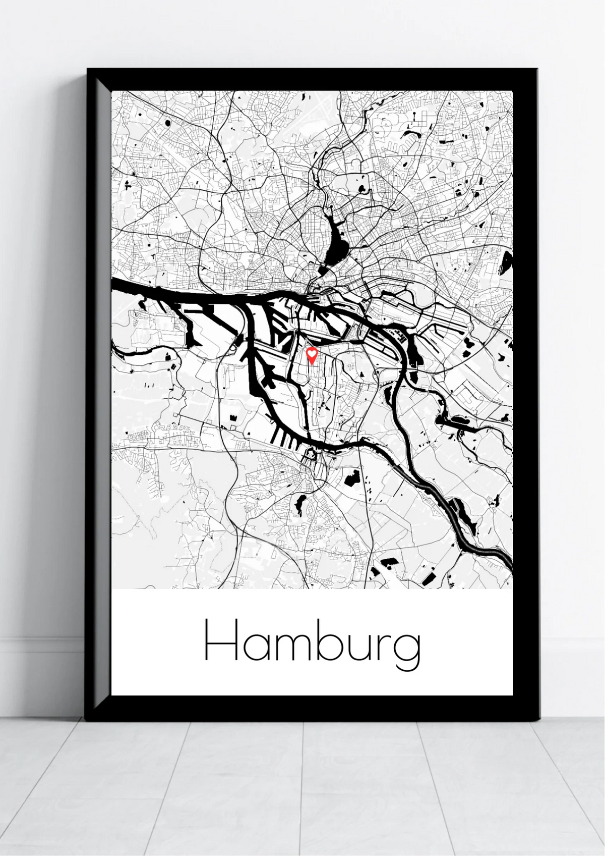 Stadtkarten Poster personalisiert – schräge Seitenansicht im schwarzen Rahmen