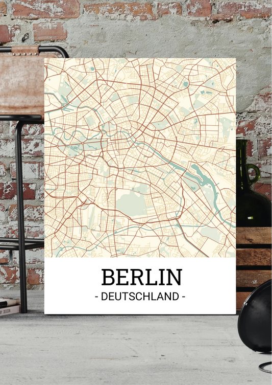 Stadtkarten Leinwand personalisiert – Stadtplan im Vintage-Look mit Stadt und Land, vor Backsteinwand