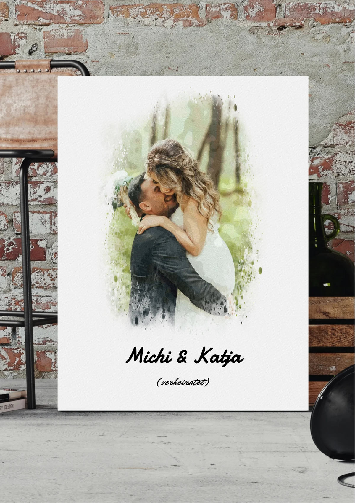 Aquarell Paar-Leinwand personalisiert – Paar im Aquarell-Stil nach Foto, vor Backsteinwand