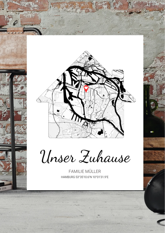 Unser Zuhause Leinwand personalisiert – Stadtkarte in Hausform, vor Backsteinwand