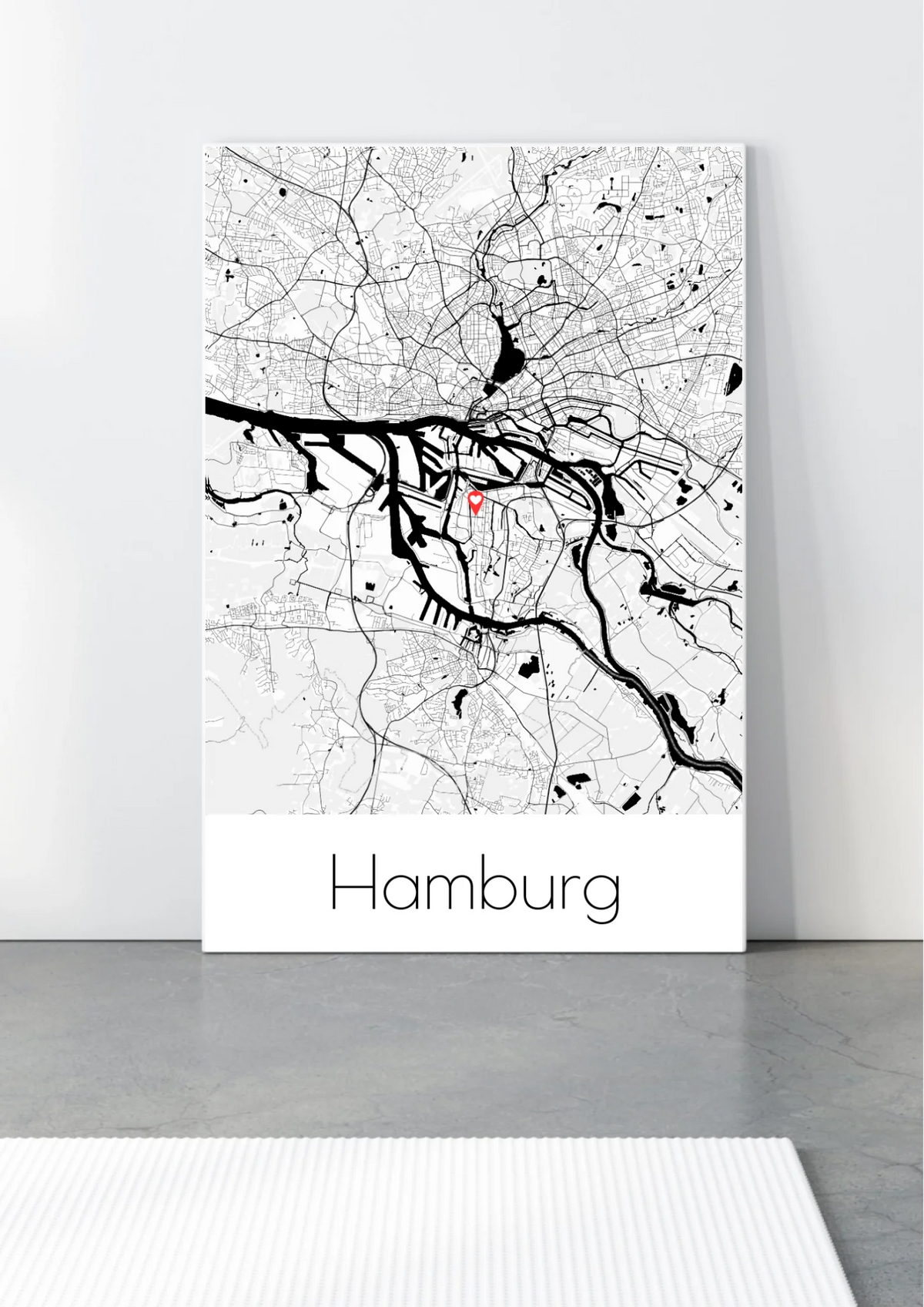 Stadtkarten Leinwand mit Stadtname – angelehnt, seitliche Ansicht des Keilrahmens