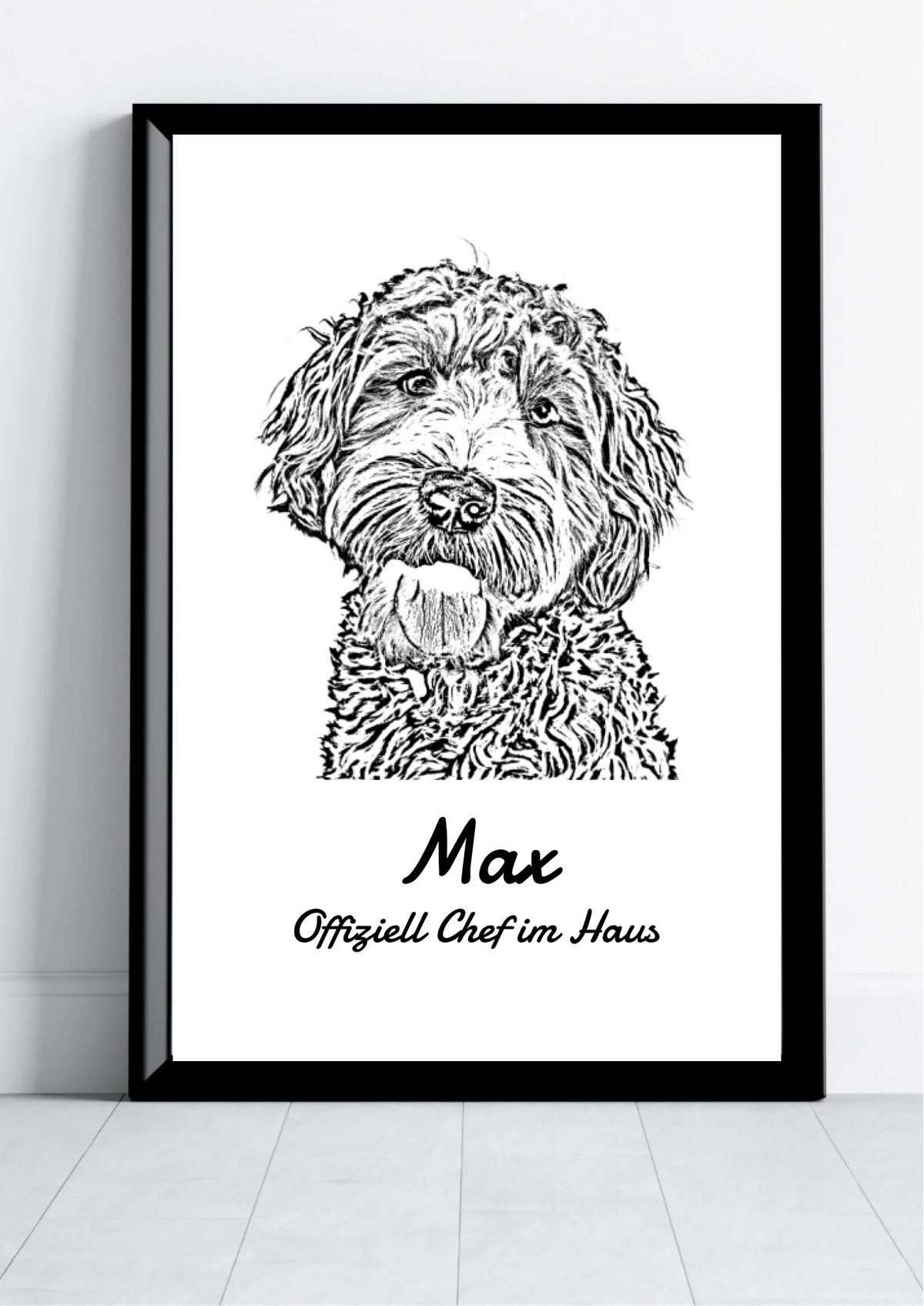 Tierportrait Poster Sketch-Stil nach Foto – schräge Ansicht im schwarzen Rahmen