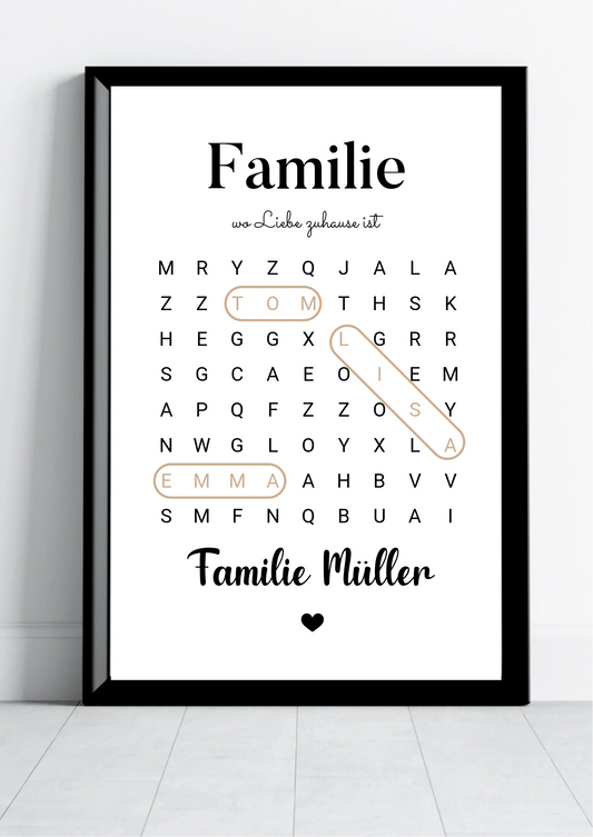 Familien Suchrätsel Poster personalisiert – Buchstabenrätsel mit Namen und Familienname, Frontansicht im schwarzen Rahmen