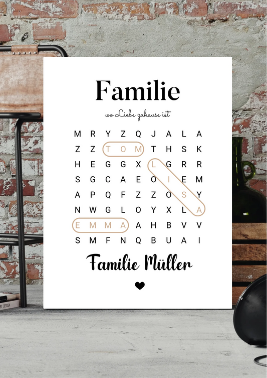 Familien Suchrätsel Leinwand personalisiert – Buchstabenrätsel mit Namen und Familienname, vor Backsteinwand