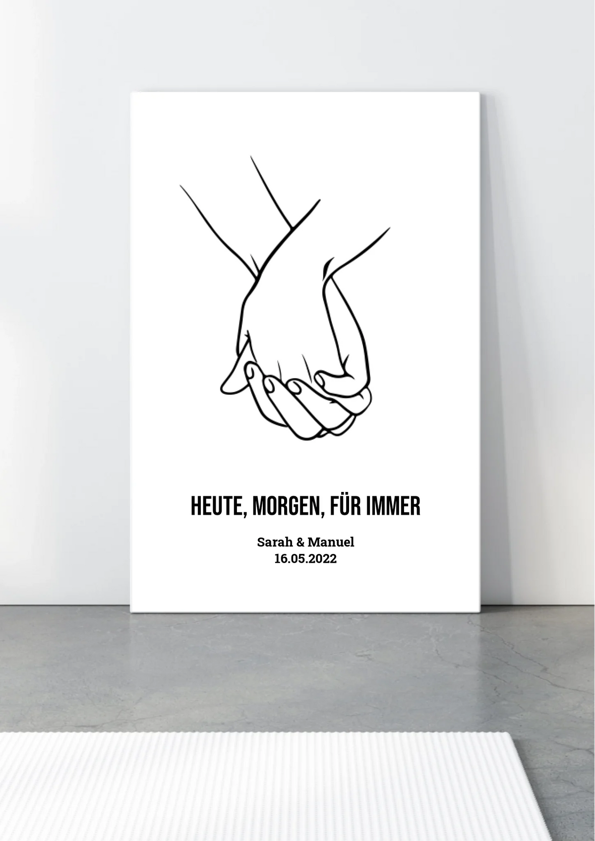 Hand in Hand Leinwand mit Namen und Datum – angelehnt, seitliche Ansicht des Keilrahmens