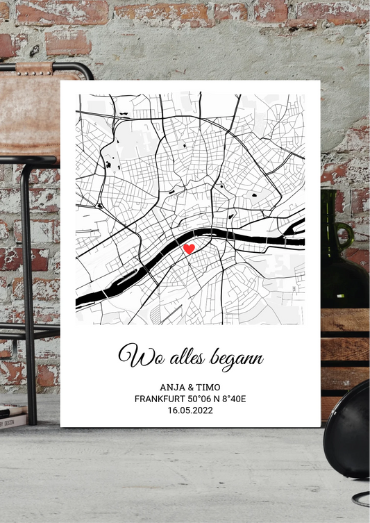 Wo alles begann Leinwand personalisiert – Stadtkarte mit Herz-Markierung, vor Backsteinwand