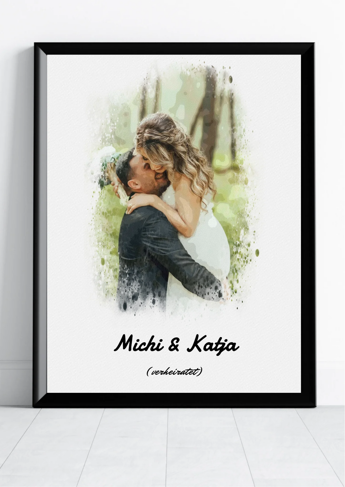Paarposter Aquarell mit Foto und Namen – Frontansicht im schwarzen Rahmen