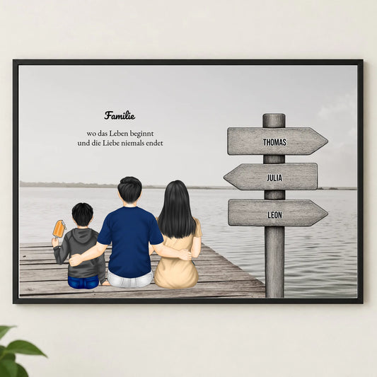 Familienposter am Steg mit Wegweiser personalisiert – Familie von hinten am See, Namen auf Schildern, im Rahmen