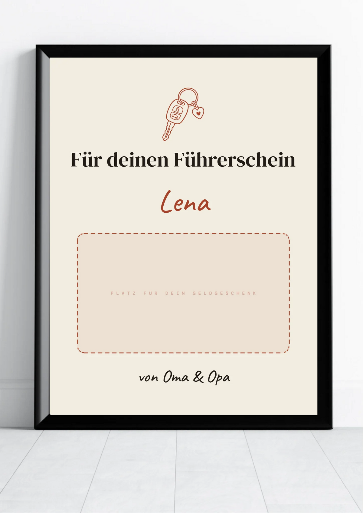 Geldgeschenk Poster im Hochformat – Anlass, Name und Platz für Geldscheine