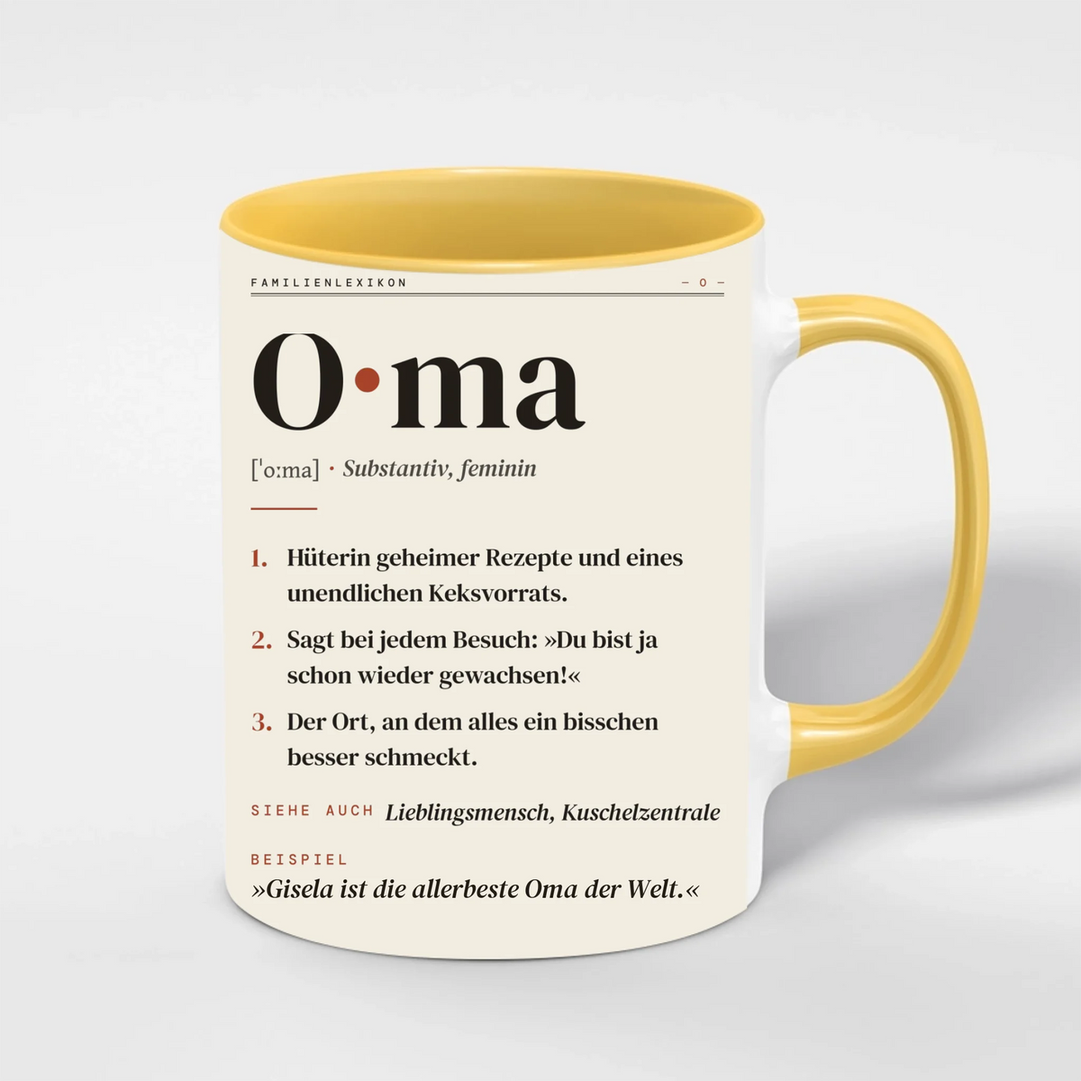 Oma Definition Tasse personalisiert mit Namen – Innenfarbe Gelb