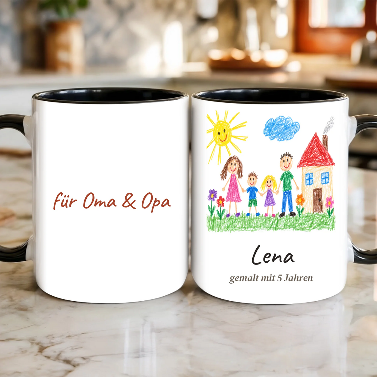 Kinderzeichnung Tasse personalisiert mit Name und Alter des Kindes – Vorder- und Rückseite
