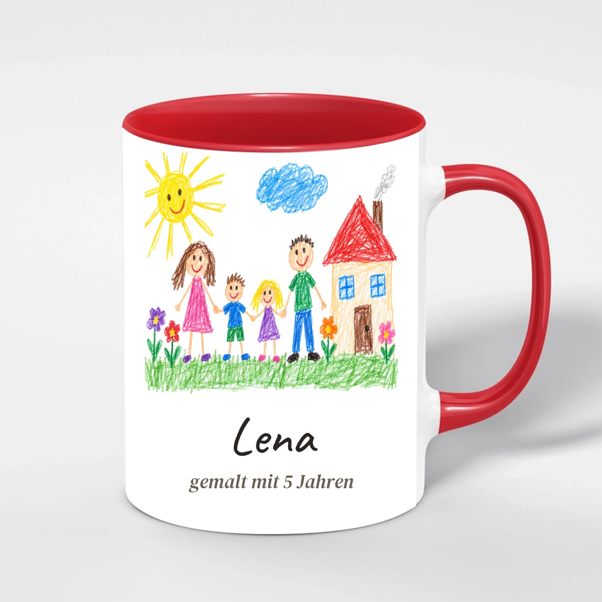 Kinderzeichnung Tasse personalisiert mit Name und Alter des Kindes – Innenfarbe Rot