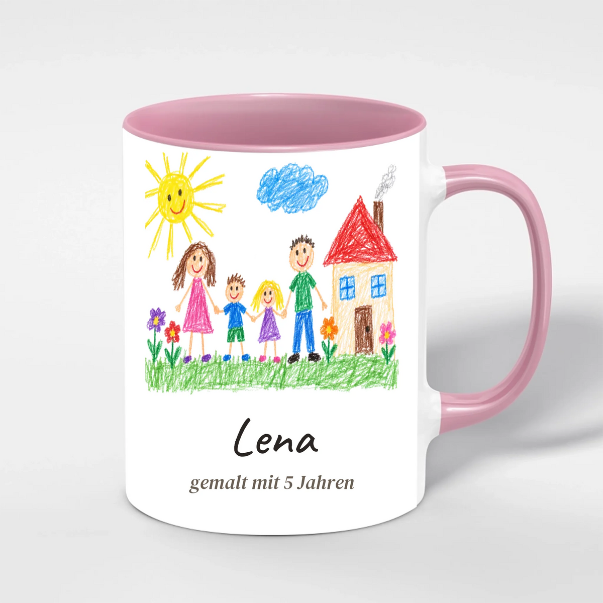 Kinderzeichnung Tasse personalisiert mit Name und Alter des Kindes – Innenfarbe Rosa