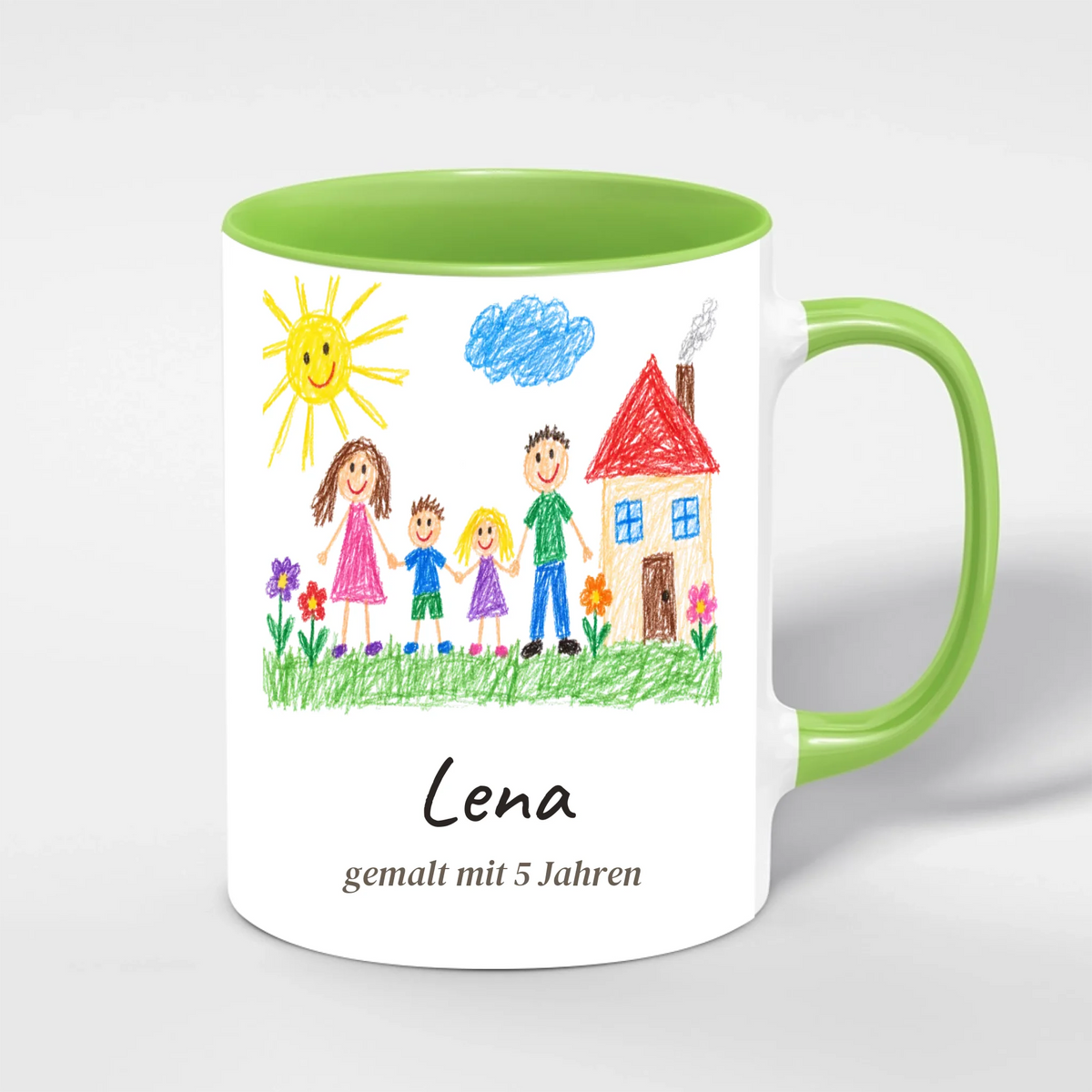 Kinderzeichnung Tasse personalisiert mit Name und Alter des Kindes – Innenfarbe Grün