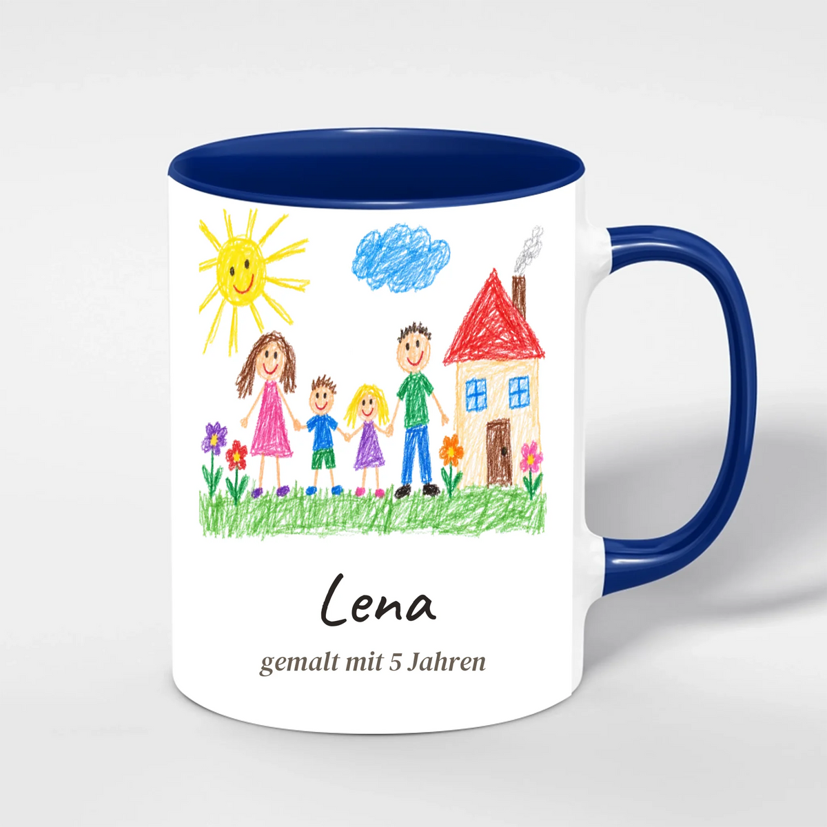 Kinderzeichnung Tasse personalisiert mit Name und Alter des Kindes – Innenfarbe Blau