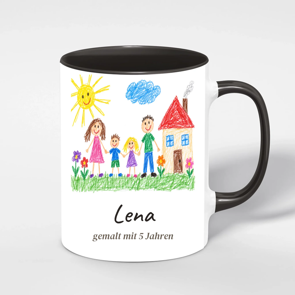 Kinderzeichnung Tasse personalisiert mit Name und Alter des Kindes – Innenfarbe Schwarz