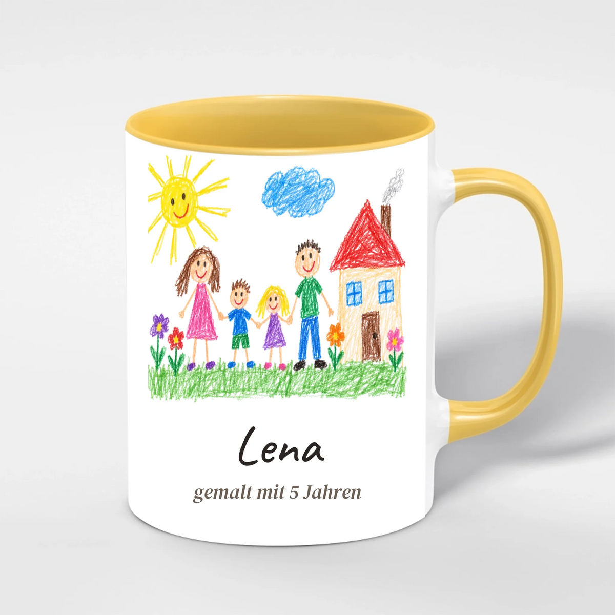 Kinderzeichnung Tasse personalisiert mit Name und Alter des Kindes – Innenfarbe Gelb