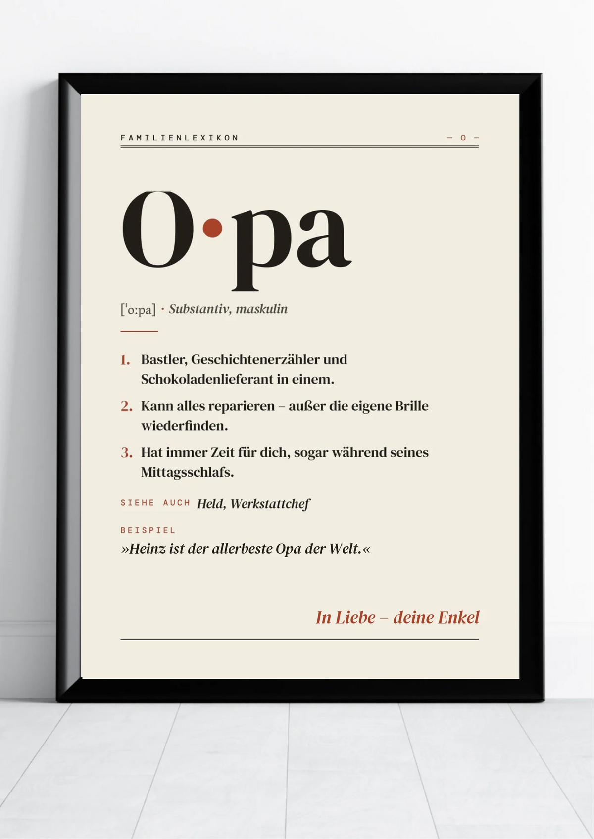 Opa Definition Poster im Hochformat – Familienlexikon mit Namen und Widmung