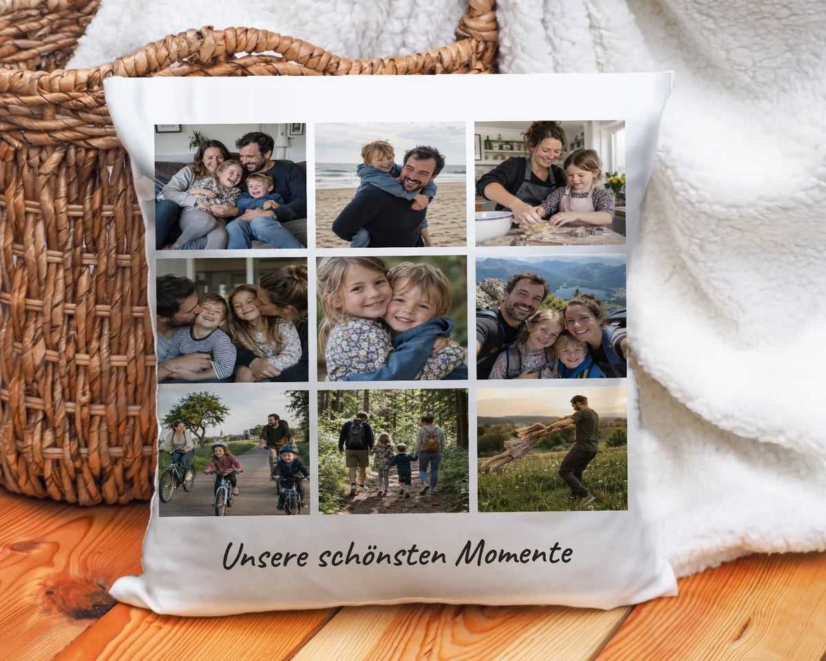 Fotokissen Collage personalisiert mit 9 Fotos und Textzeile Unsere schönsten Momente