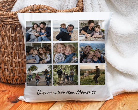 Fotokissen Collage personalisiert mit 9 Fotos und Textzeile Unsere schönsten Momente