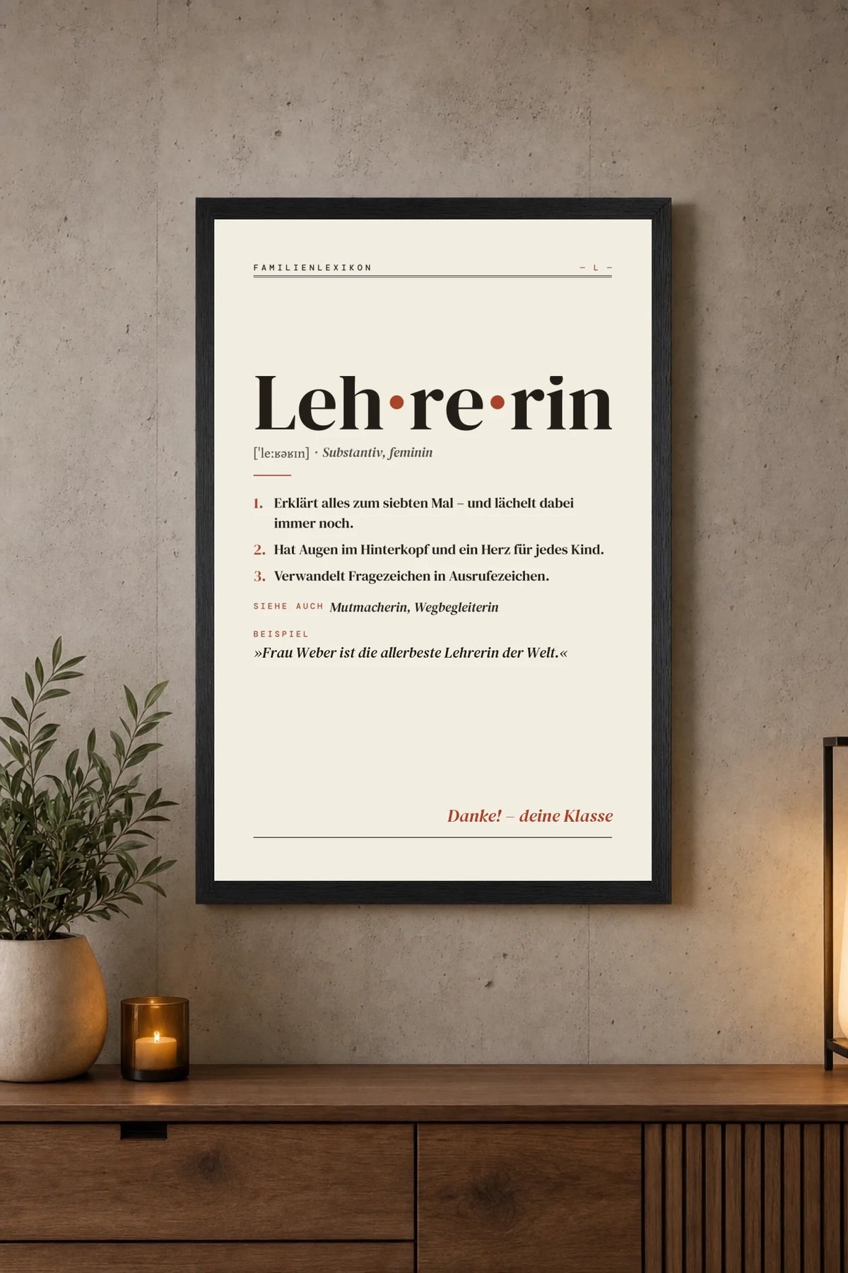 Lehrerin & Lehrer Definition Poster an der Wand über dem Sideboard