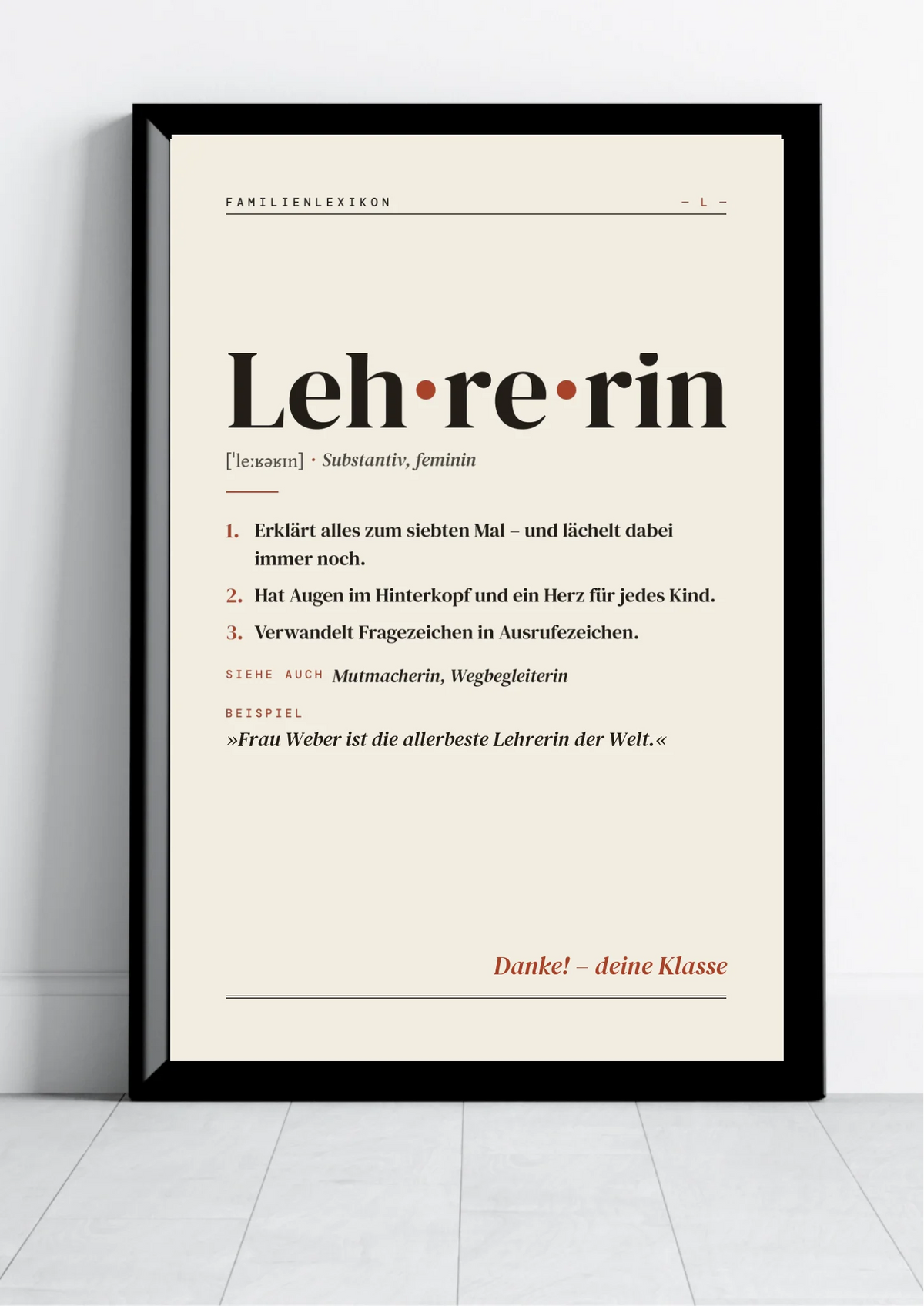 Lehrerin & Lehrer Definition Poster personalisiert – Poster im schwarzen Rahmen