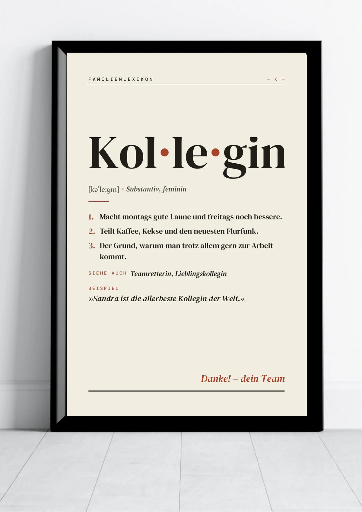 Kollegin & Kollege Definition Poster personalisiert – Poster im schwarzen Rahmen