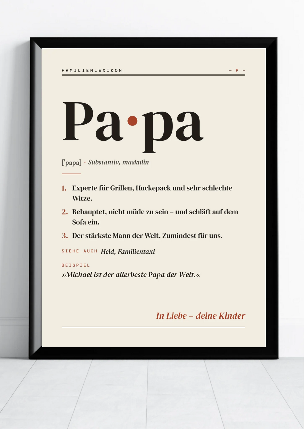 Papa Definition Poster im Hochformat – Familienlexikon mit Namen und Widmung